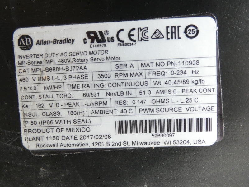 ALLEN BRADLEY MPL-B680H-SJ72AA SER. A 460V 51.0A NSNP