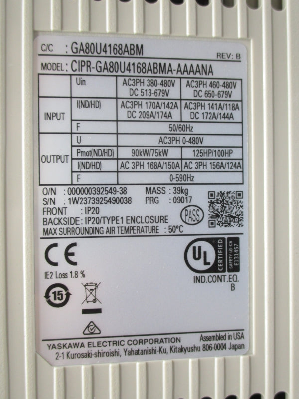 YASKAWA CIPR-GA80U4168ABMA-AAAANA REV. B 650/679V 209/174A NSNP