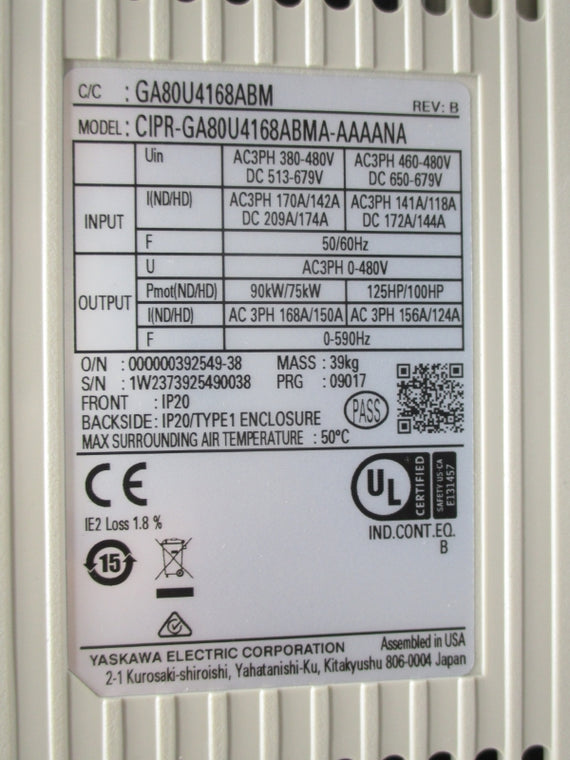 YASKAWA CIPR-GA80U4168ABMA-AAAANA REV. B 650/679V 209/174A NSNP
