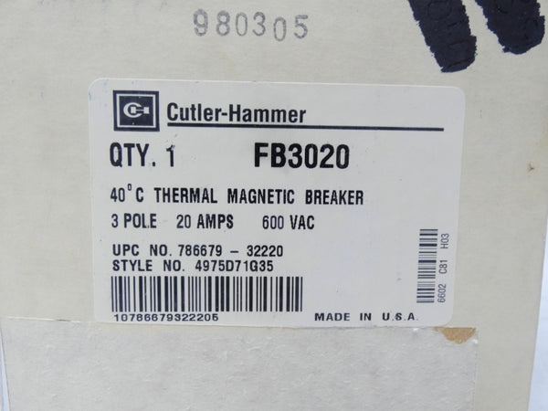 CUTTLER HAMMER FB3020 600VAC 20A NSMP