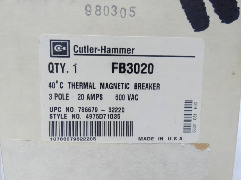 CUTTLER HAMMER FB3020 600VAC 20A NSMP