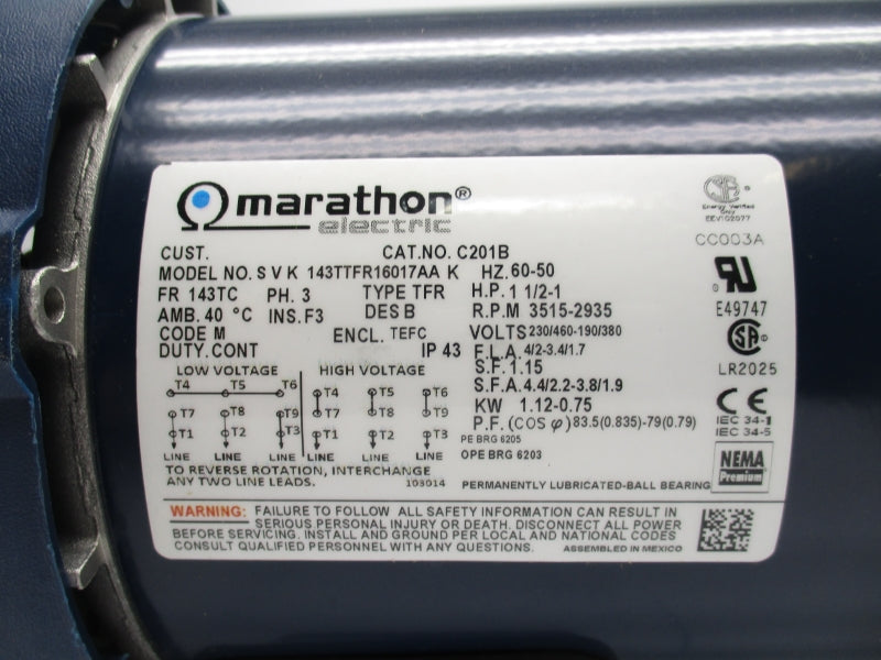 MARATHON ELECTRIC S V K 143TTFR16017AA 230/460V 4-2A NSMP