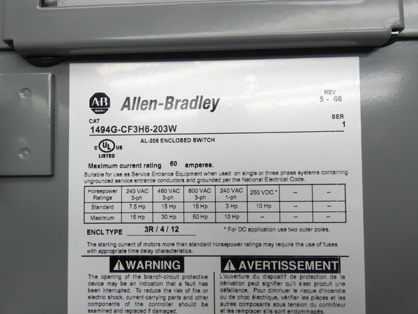 ALLEN BRADLEY 1494G-CF3H6-203W SER. 1 600VAC 60A NSNP