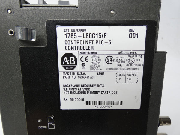 ALLEN BRADLEY 1785-L80C15 SER. F REV. Q01 F/W C.3 5VDC 3.0A (NO KEY) UNMP