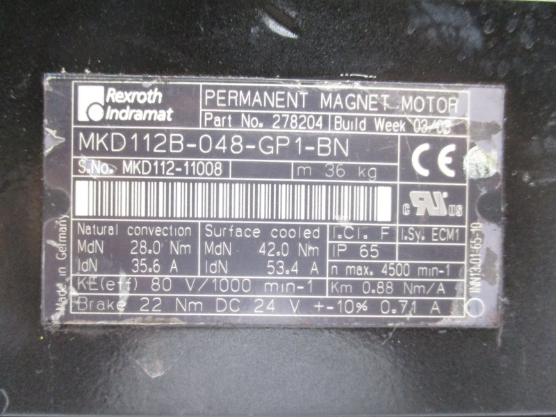 REXROTH INDRAMAT MKD112B-048-GP1-BN 80V 53.4A UNMP