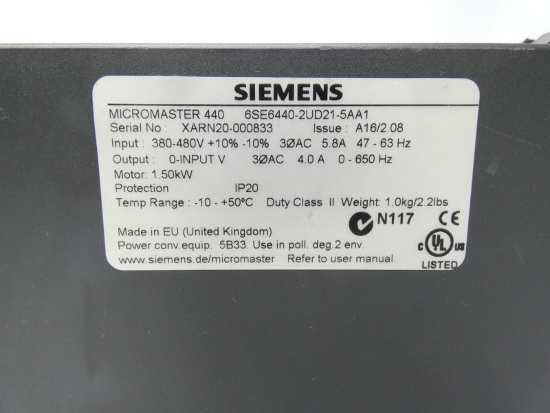 SIEMENS 6SE6440-2UD21-5AA1 380-480V 5.8A (AS IS) UNMP