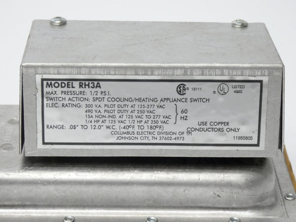 COLUMBUS ELECTRIC RH3A 125-250VAC 15A .5PSI UNMP