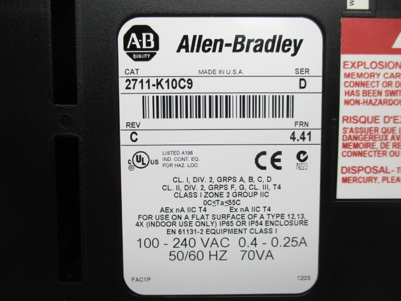 ALLEN BRADLEY 2711-K10C9 SER. D F/W 4.41 100-240VAC 0.4-0.25A NSMP