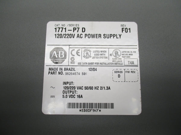 ALLEN BRADLEY 1771-P7 SER. D REV. F01 120/220VAC 16A NSMP
