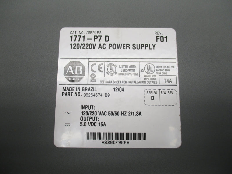 ALLEN BRADLEY 1771-P7 SER. D REV. F01 120/220VAC 16A NSMP