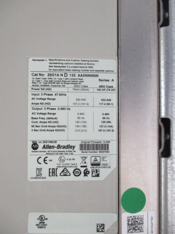 ALLEN BRADLEY 20G1AND125AA0NNNNN SER. A F/W. 14.005 480V NSNP