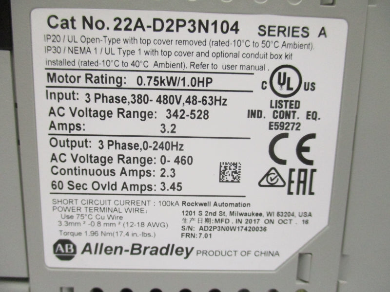 ALLEN BRADLEY 22A-D2P3N104 SER. A F/W 7.01 342-528V 3.2A NSMP
