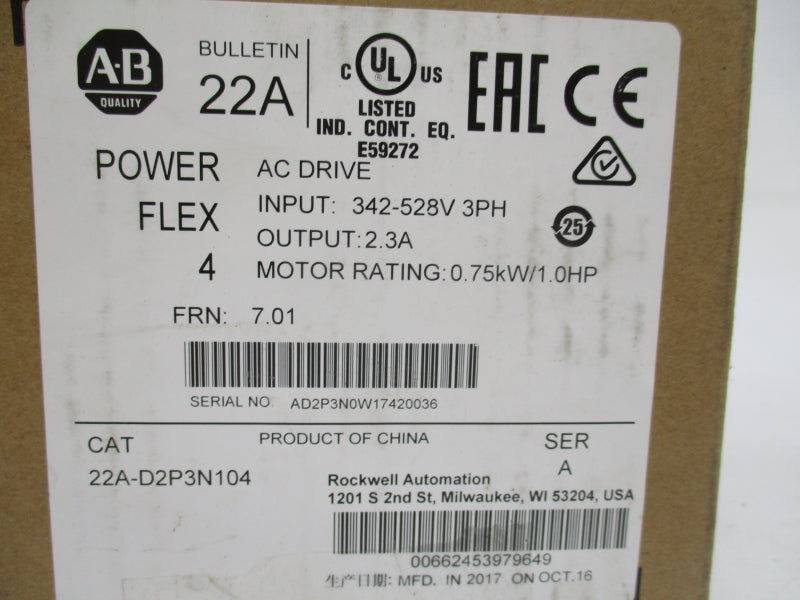 ALLEN BRADLEY 22A-D2P3N104 SER. A F/W 7.01 342-528V 3.2A NSMP