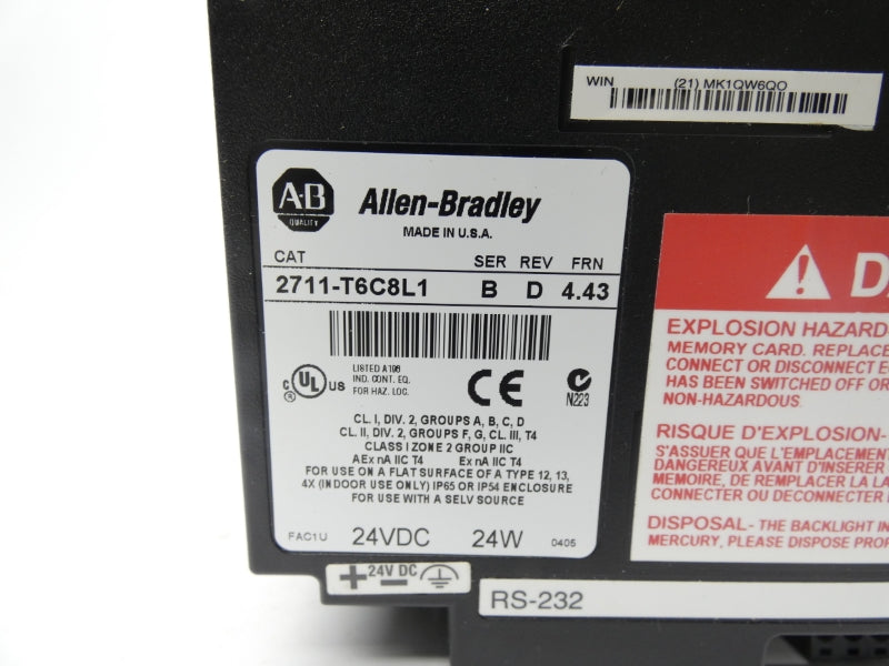 ALLEN BRADLEY 2711-T6C8L1 SER. B REV. D F/W 4.43 24VDC UNMP
