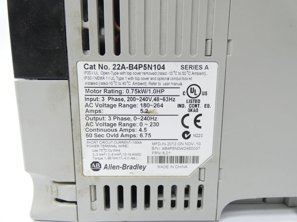 ALLEN BRADLEY 22A-B4P5N104 SER. A F/W 6.01 180-264VAC 5.2A UNMP