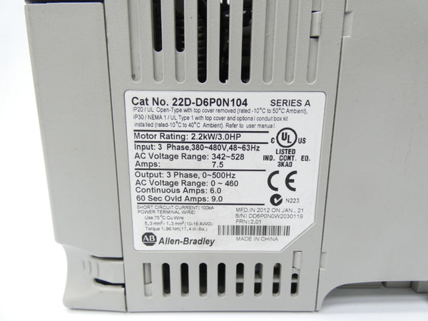 ALLEN BRADLEY 22D-D6P0N104 SER. A F/W 2.01 342-528VAC 7.5A UNMP