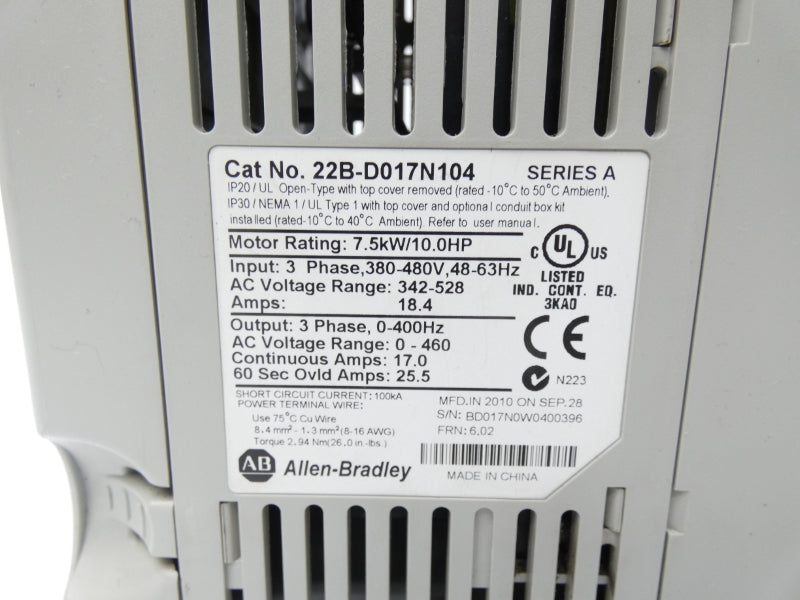 ALLEN BRADLEY 22B-D017N104 SER. A F/W 6.02 342-528VAC 17.0A UNMP