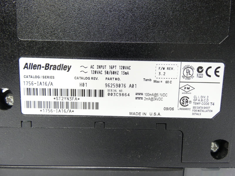 ALLEN BRADLEY 1756-IA16I SER. A REV. H01 F/W 3.2 120VAC UNMP