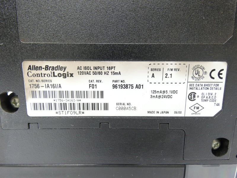 ALLEN BRADLEY 1756-IA16I SER. A REV. F01 F/W 2.1 120VAC UNMP