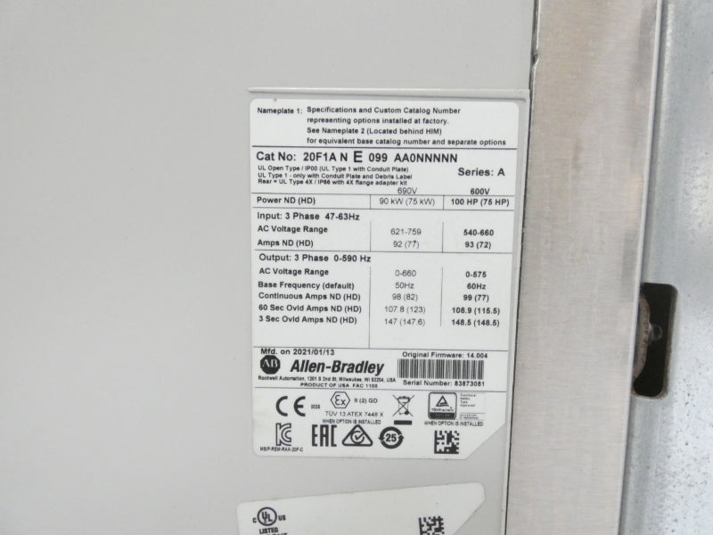 ALLEN BRADLEY 20F1ANE099AA0NNNNN SER. A F/W 14.004 621-759VAC 98A UNMP