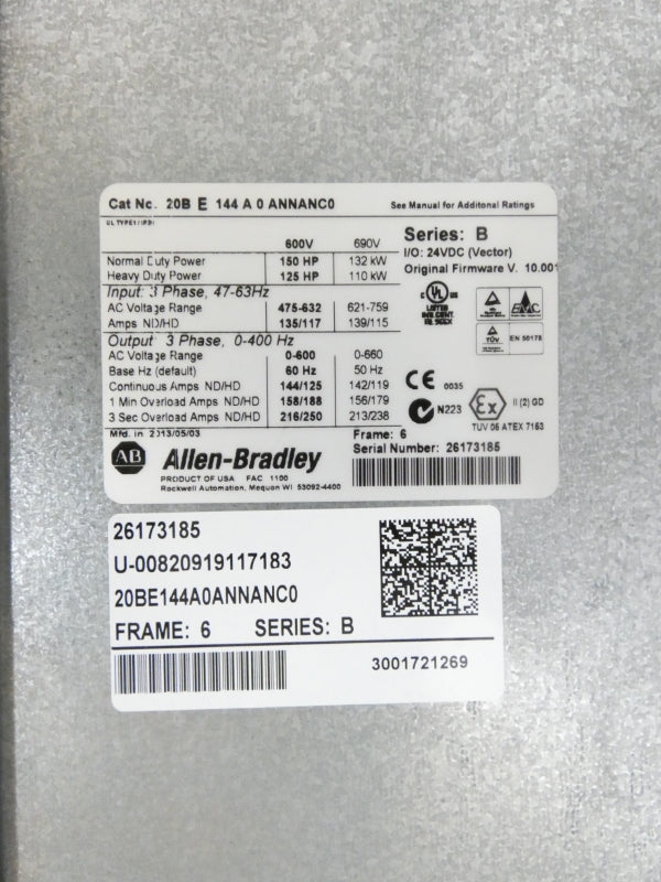 ALLEN BRADLEY 20BE144A0ANNANC0 SER. B F/W 10.001 621-759VAC 144/125A NSNP