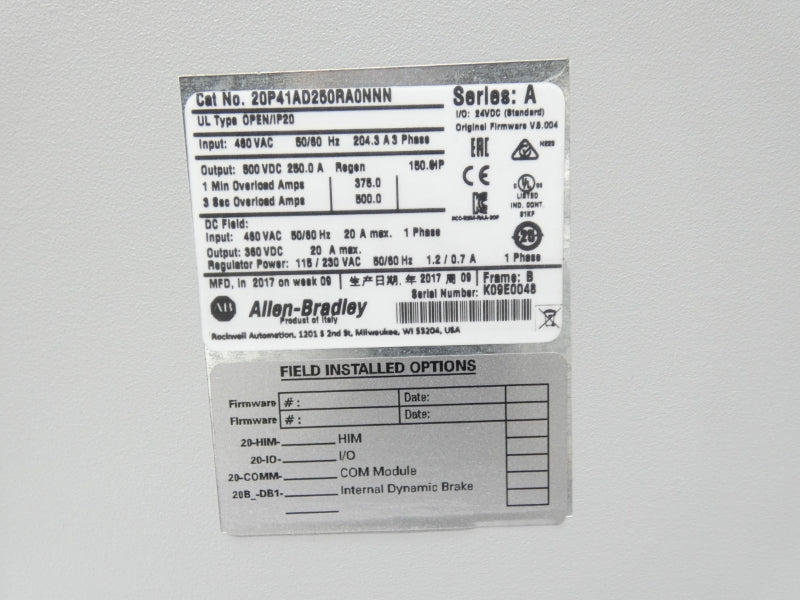 ALLEN BRADLEY 20P41AD250RA0NNN SER. A F/W 6.004 460VAC 250A NSMP