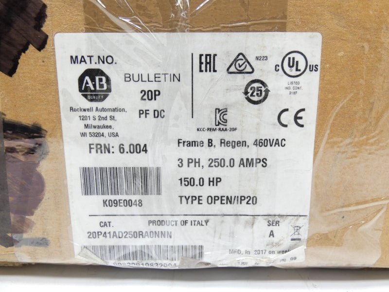 ALLEN BRADLEY 20P41AD250RA0NNN SER. A F/W 6.004 460VAC 250A NSMP