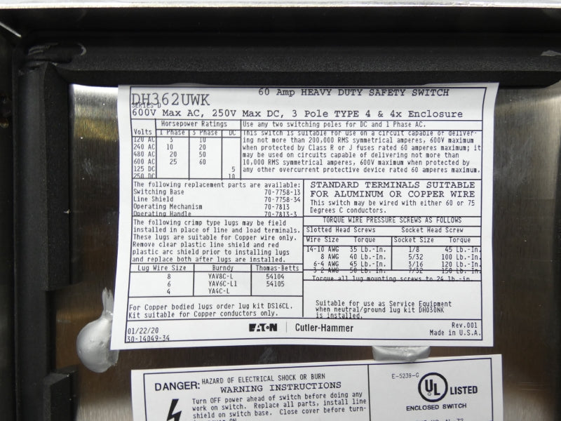 EATON DH362UWK 600VAC 60A NSMP