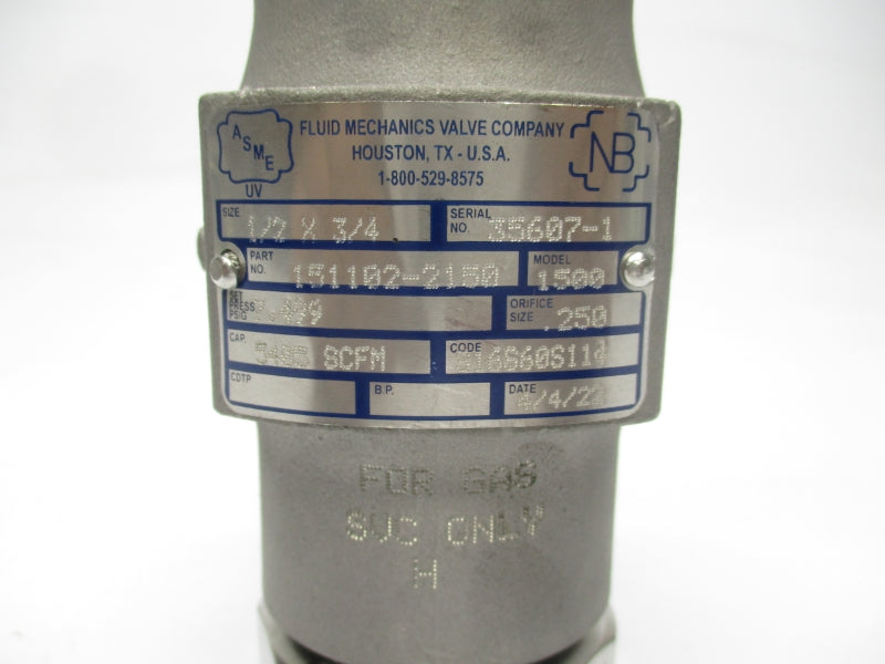FLUID MECHANICS VALVE COMPANY 151102-2150 7499PSI 1/2"X3/4" NSNP