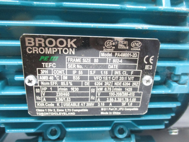 BROOK CROMPTON PA4M001-2D 230/460V 3.06/1.53A (AS IS) NSNP