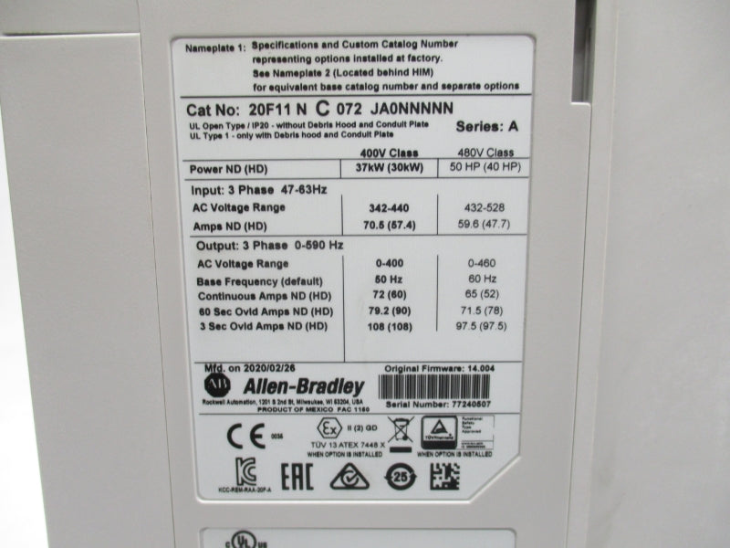 ALLEN BRADLEY 20F11NC072JA0NNNNN SER. A F\W. 14.004 432-528V 70.5A NSMP