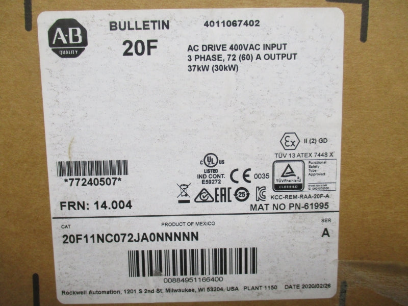 ALLEN BRADLEY 20F11NC072JA0NNNNN SER. A F\W. 14.004 432-528V 70.5A NSMP