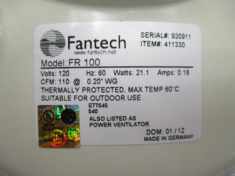 FANTECH FR100 120V 0.18A 4" NSMP