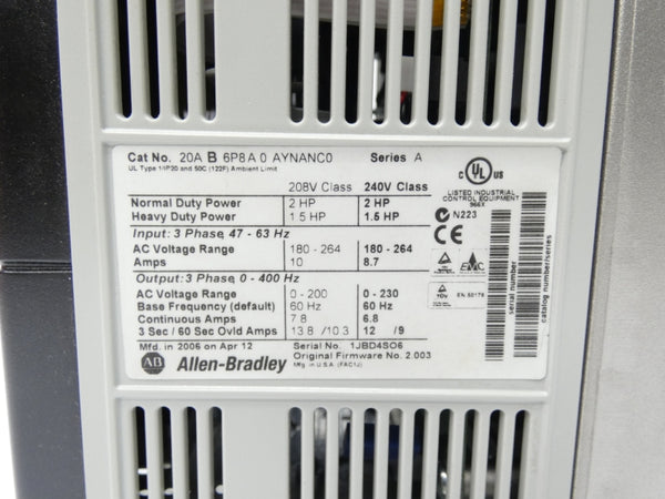 ALLEN BRADLEY 20AB6P8A0AYNANC0 SER. A F/W 2.003 240VAC 8.7A NSMP