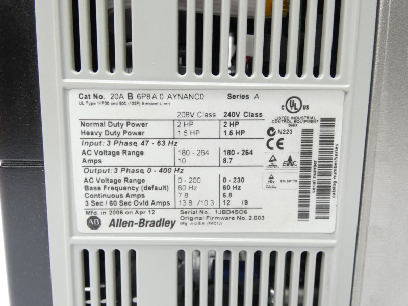 ALLEN BRADLEY 20AB6P8A0AYNANC0 SER. A F/W 2.003 240VAC 8.7A NSMP