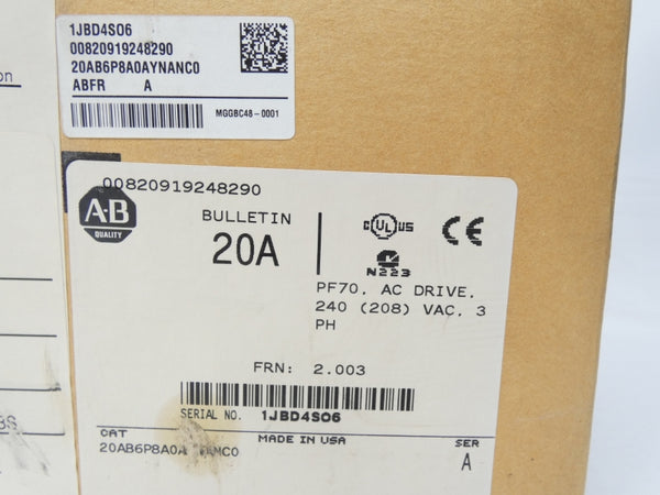 ALLEN BRADLEY 20AB6P8A0AYNANC0 SER. A F/W 2.003 240VAC 8.7A NSMP