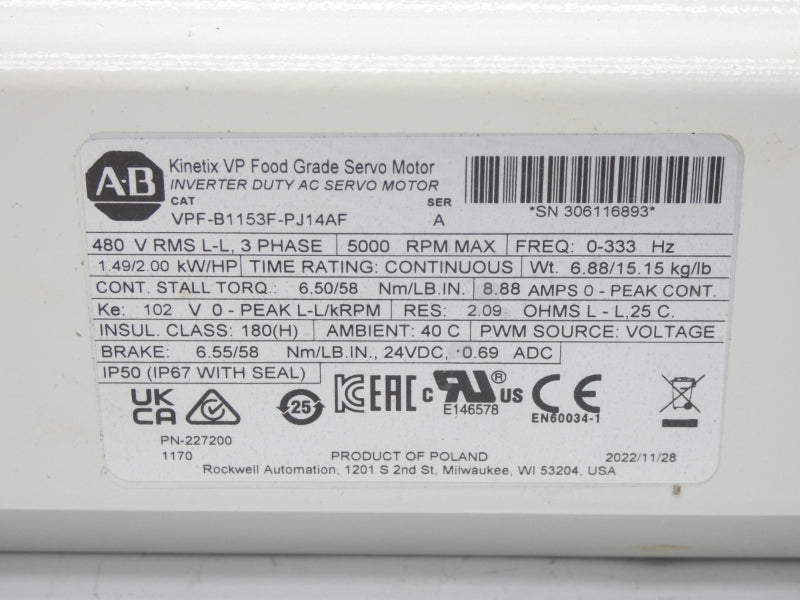 ALLEN BRADLEY VPF-B1153F-PJ14AF SER. A 480V 8.88A NSMP