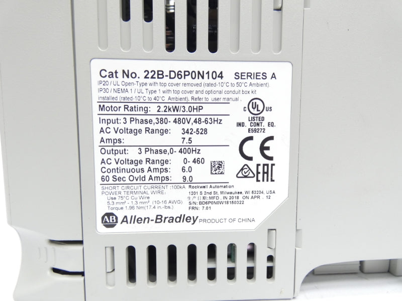 ALLEN BRADLEY 22B-D6P0N104 SER. A F/W 7.01 342-528V 7.25A NSMP
