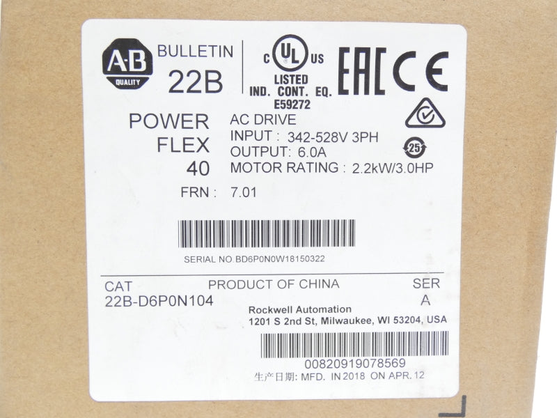 ALLEN BRADLEY 22B-D6P0N104 SER. A F/W 7.01 342-528V 7.25A NSMP