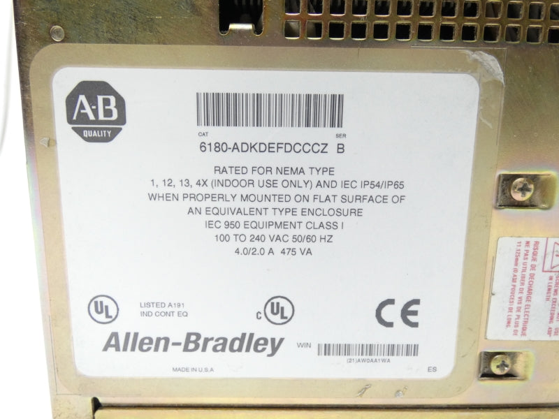 ALLEN BRADLEY 6180-ADKDEFDCCCZ SER. B 100-240VAC 4.0/2.0A UNMP