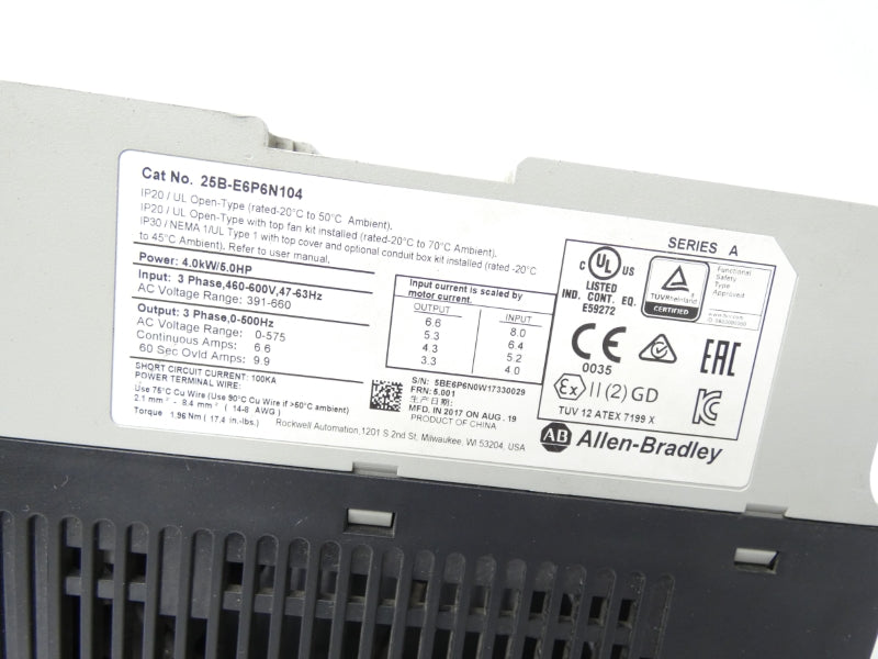 ALLEN BRADLEY 25B-E6P6N104 SER. A F/W 5.001 460-600V 6.6A (AS PICTURED) UNMP