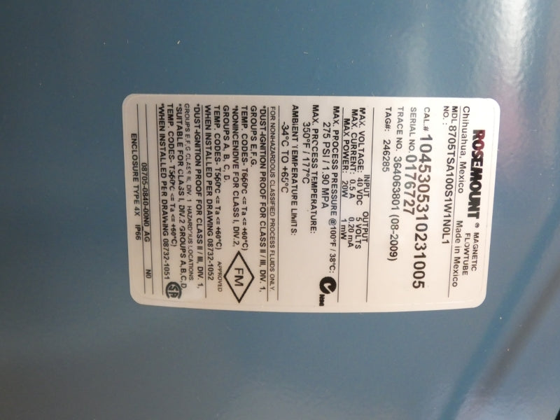 ROSEMOUNT 8705TSA100S1W1N0L1 40VDC 0.5A 275PSI 10" NSMP