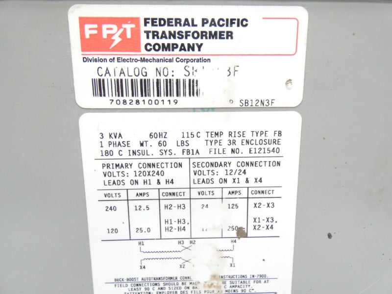 FEDERAL PACIFIC TRANSFORMER SB12N3F 240V 25A (AS PICTURED) NSMP