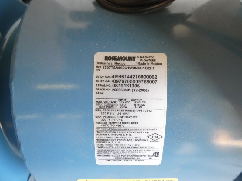 ROSEMOUNT 8707TSA060C1W0NG1D2H1 185VDC 5.0A 285PSI 6" NSNP