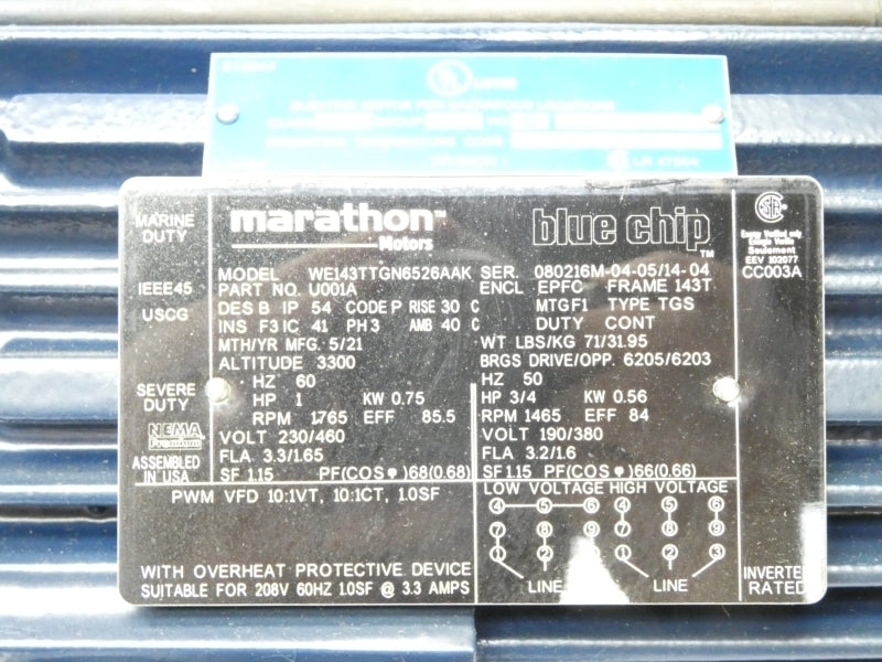 MARATHON MOTORS 143TTGN6526 230/460V NSMP