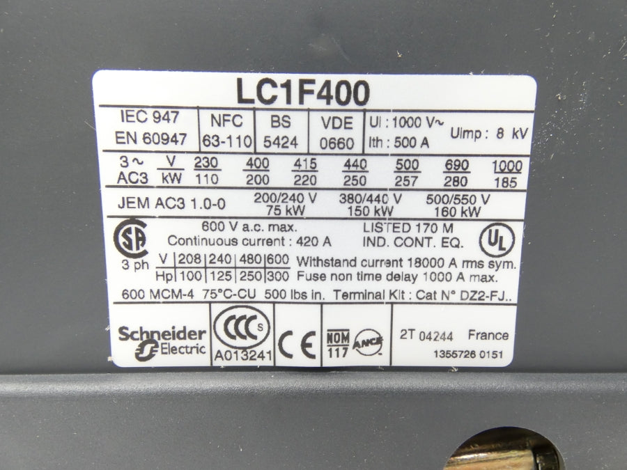 TELEMECANIQUE LC1F400 600VAC 420A NO COIL NSMP