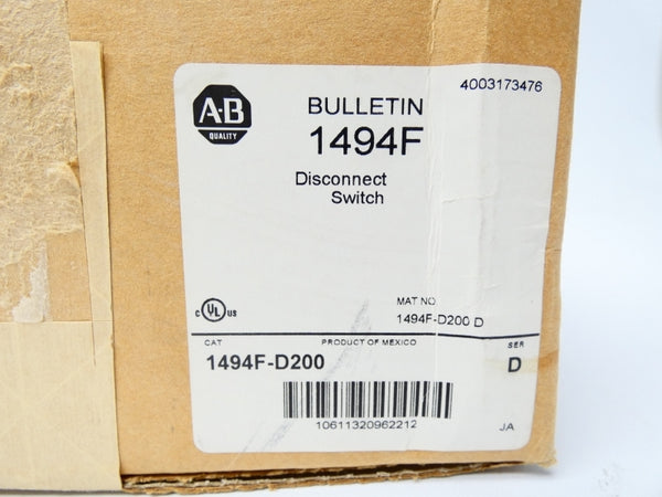 ALLEN BRADLEY 1494F-D200 SER. D 600V 200A (BR/WH) NSMP