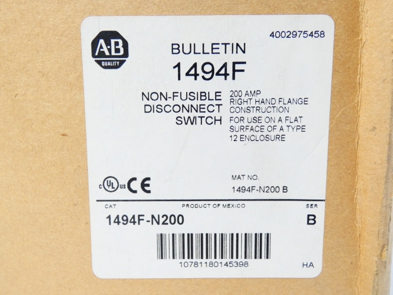 ALLEN BRADLEY 1494F-N200 SER. B 200A (BR/WH) NSMP