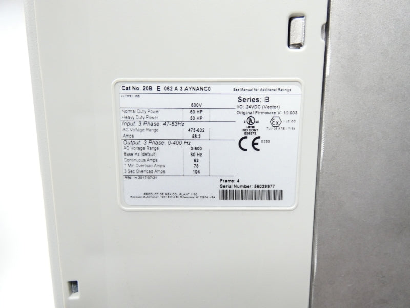 ALLEN BRADLEY 20BE062A3AYNANC0 SER. B F/W 10.003 600V 62A NSMP
