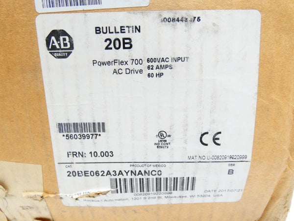 ALLEN BRADLEY 20BE062A3AYNANC0 SER. B F/W 10.003 600V 62A NSMP